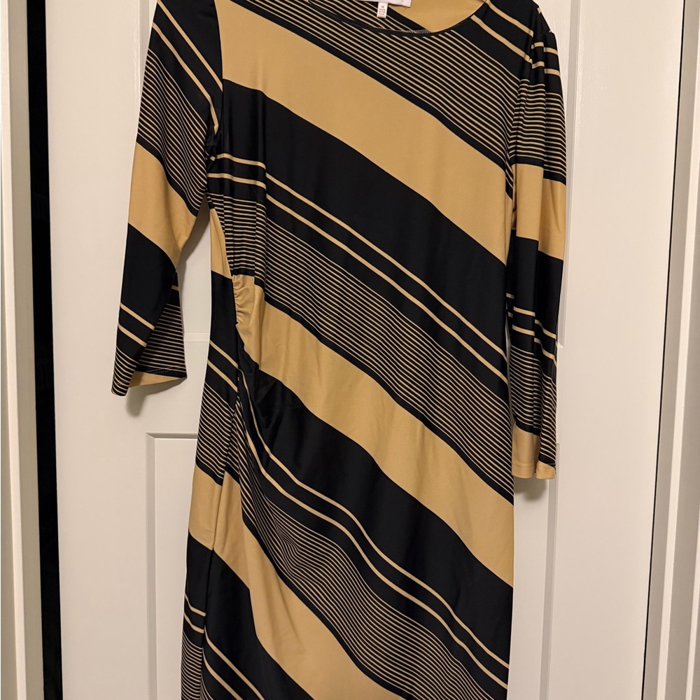 Jude Connally Black and Gold Striped Cinch-Side Long Sleeve Dress
